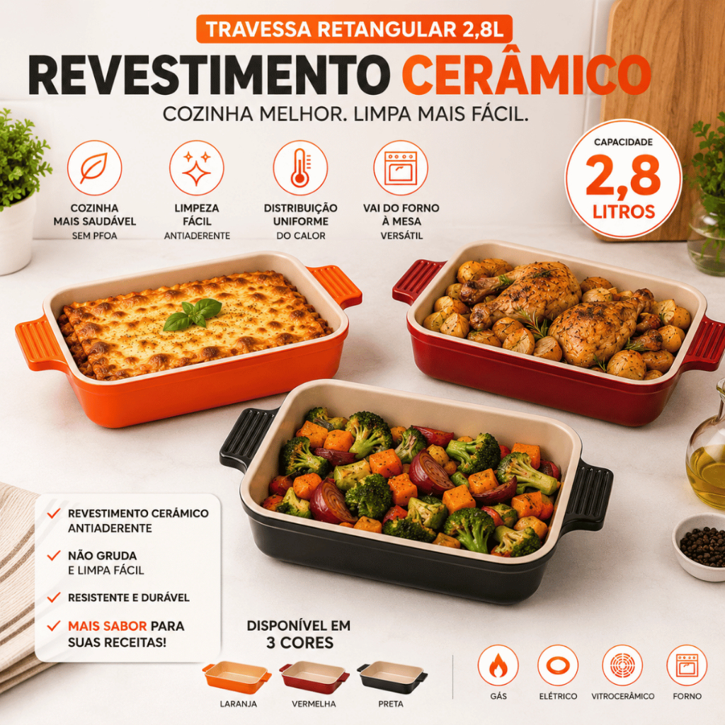 Travessa p/ Forno 2,8 Litros Retangular com Revestimento Cerâmico Antiaderente e Alças Envio Rápido!