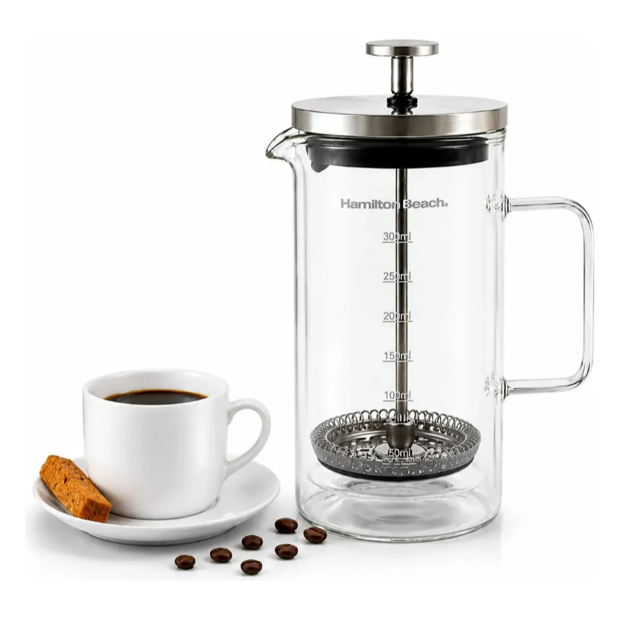 Cafeteira Prensa Francesa Hamilton Beach 300ml Manual Embolo Inox Café Chá Leite Cremeira Espumador Moderno