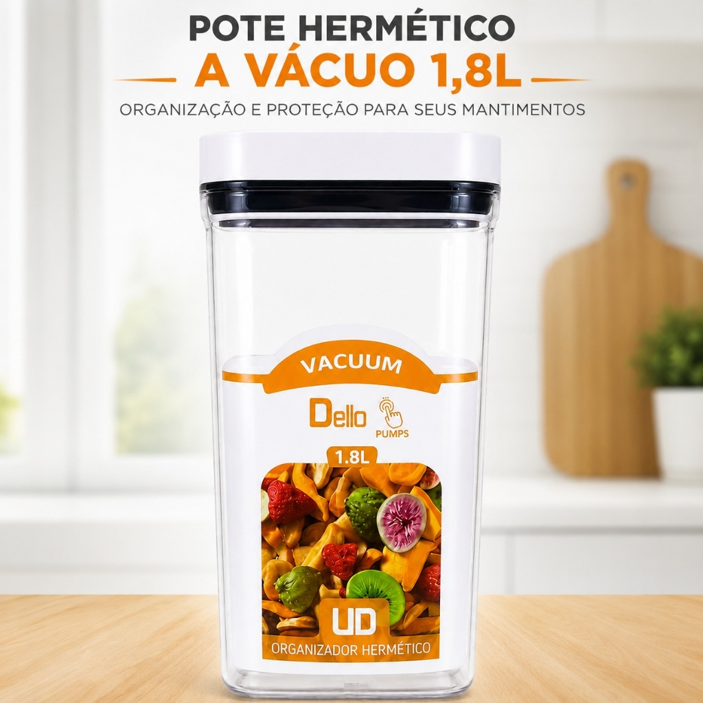 Pote Hermético a Vácuo 1,8L Organizador de Mantimentos Alimentos Transparente com Tampa Pump para Cozinha