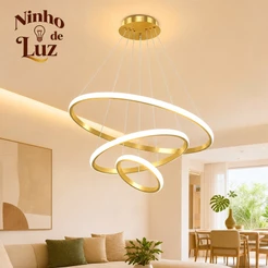 Lustre LED Pendente 3 Anéis Moderno com 3 Cores de Luz para Sala de Estar Jantar Quarto e Ambiente Gourmet