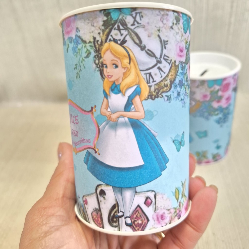 Cofrinho Personalizado Alice no Pais das Maravilhas - Lembrancinha Festa Infantil - Brinde Aniversário Alice DIY
