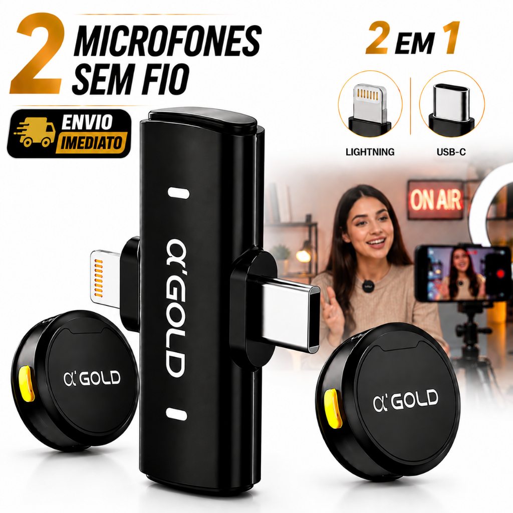Microfone Lapela Moeda Sem Fio Duplo Magnético 2 em 1 Compatível Tipo C iPhone Cancelamento de Ruído Gravar Vídeos Live