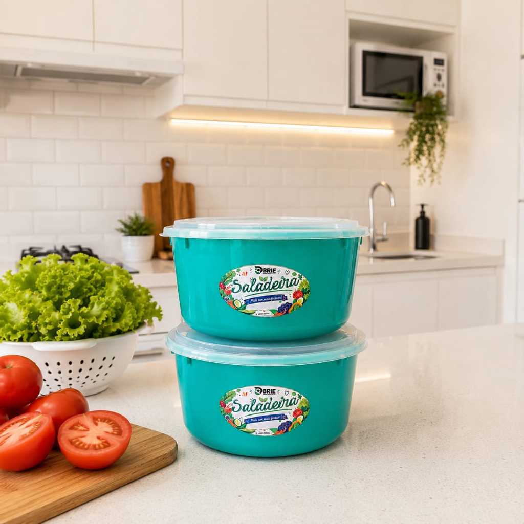 kit Saladeira 3L Bowl Vasilha Saladas Plástico Tampa Transparente Organização Cozinha