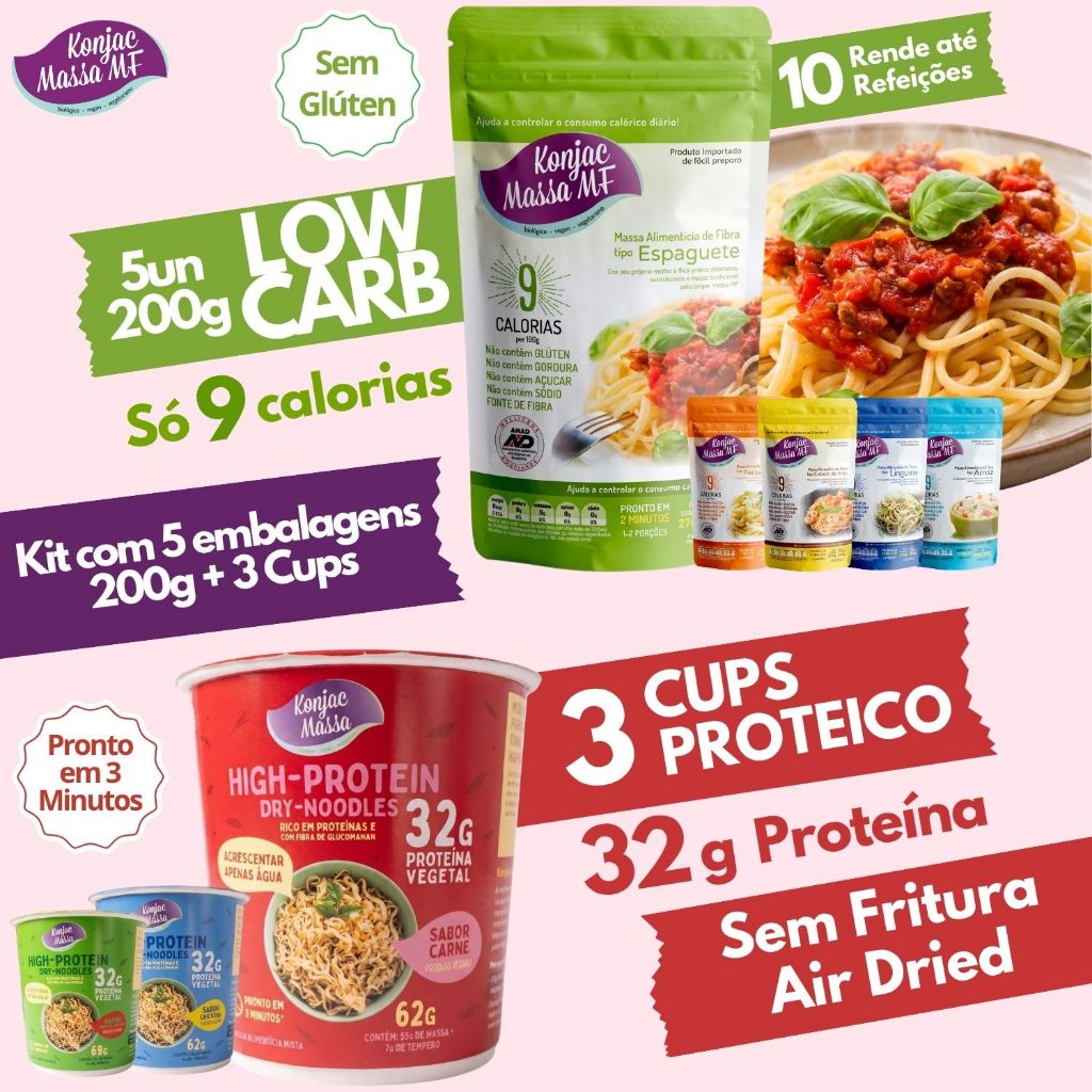 Kit Macarrão Konjac Massa Linha Low Carb + High Protein 3 Cups Proteico + Box/Kit 5un Preparo Rápido Dieta Emagrecimento