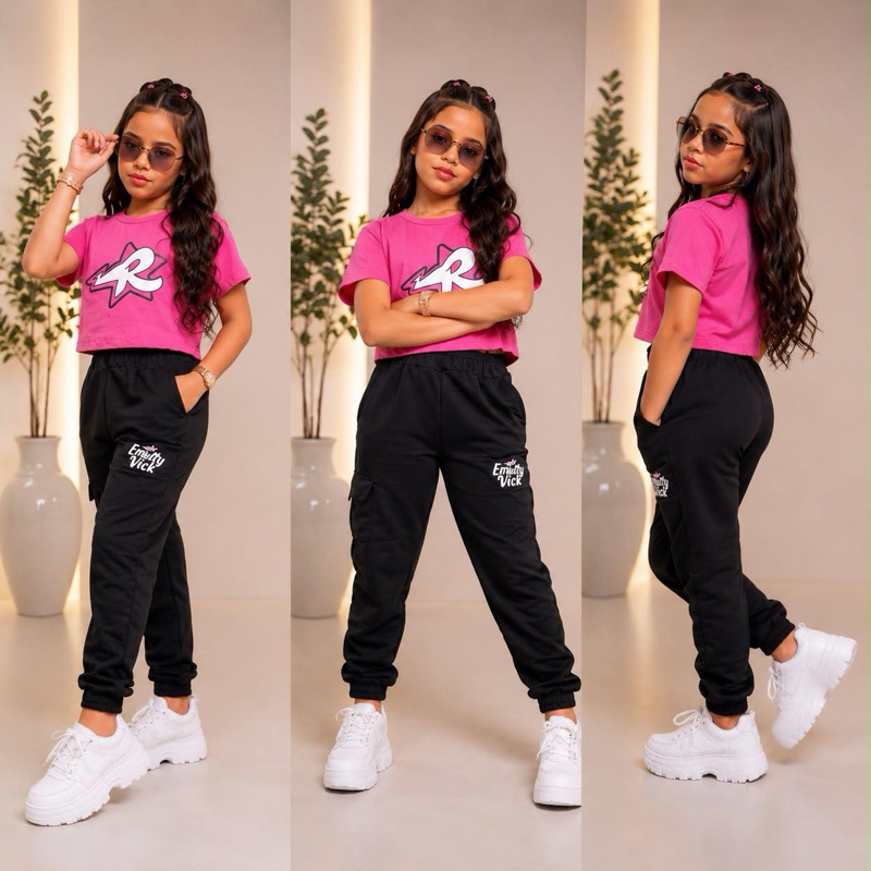 Conjunto Infantil Feminino Menina Cropped Rosa + Calça Jogger Preta Cargo Estilosa