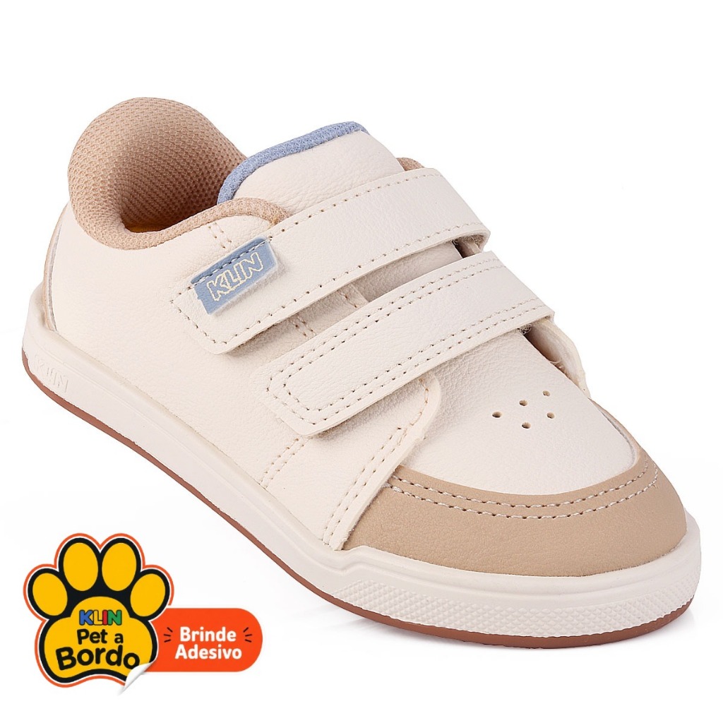 Tênis Infantil Menino Klin Oiginal Flyer Bege e Off-White – Velcro Duplo Anatômico