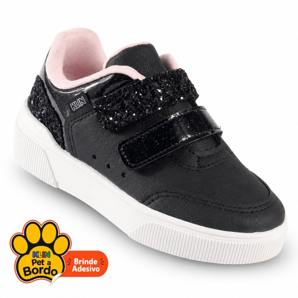 Tênis Infantil Feminino Klin Sky Casual Calce Fácil Velcro e Brilho Preto com Glitter