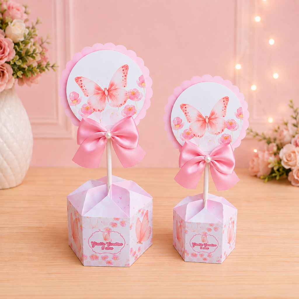 Centro de mesa Jardim das Borboletas rosa kit festa lembrancinha caixinha personalizado aniversário