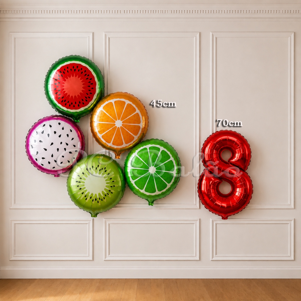 Kit 6 Balão Metalizado Frutas ( Melancia Pitaya Kiwi Limão Laranja) + N° 70cm VERMELHO ANIVERSÁRIO
