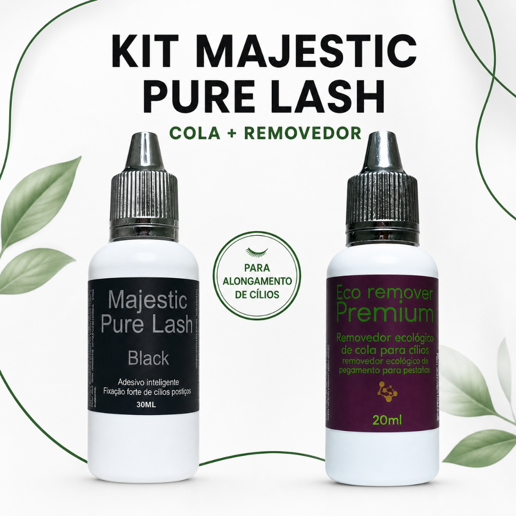 Kit Cola para Extensão de Cílios Majestic Pure Lash Black 30ml + Eco Remover Premium 20ml Vegano Sem Cianocrilato