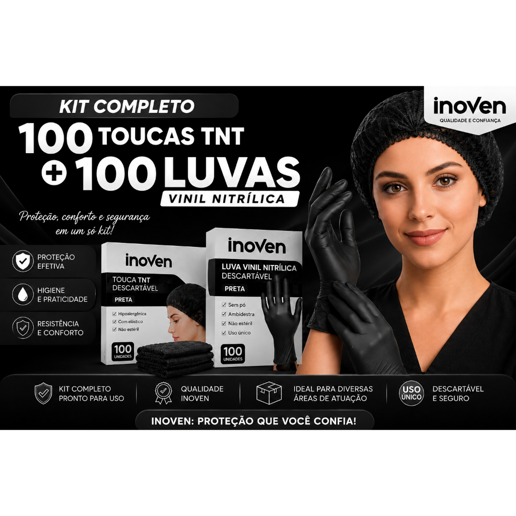 Kit Completo Preta com 100 Toucas TNT + 100 Luvas Preta Vinil Nitrílica Sem Pó Descartável Alta Resistência