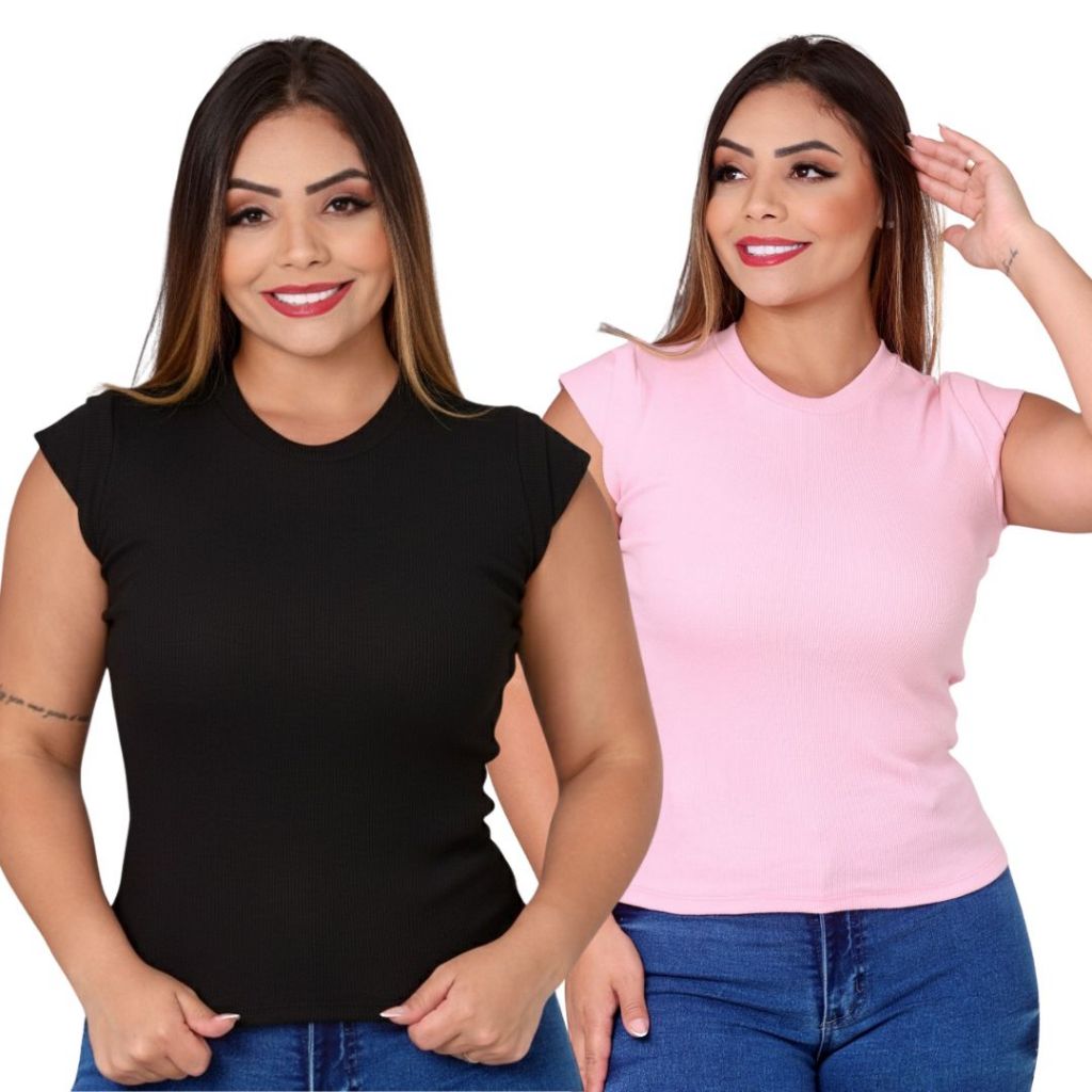 Blusas Feminina Ribana Canelado Manga Curta Gola Redonda Premium Básica Estilosa Tendência Verão Confortável Elegante