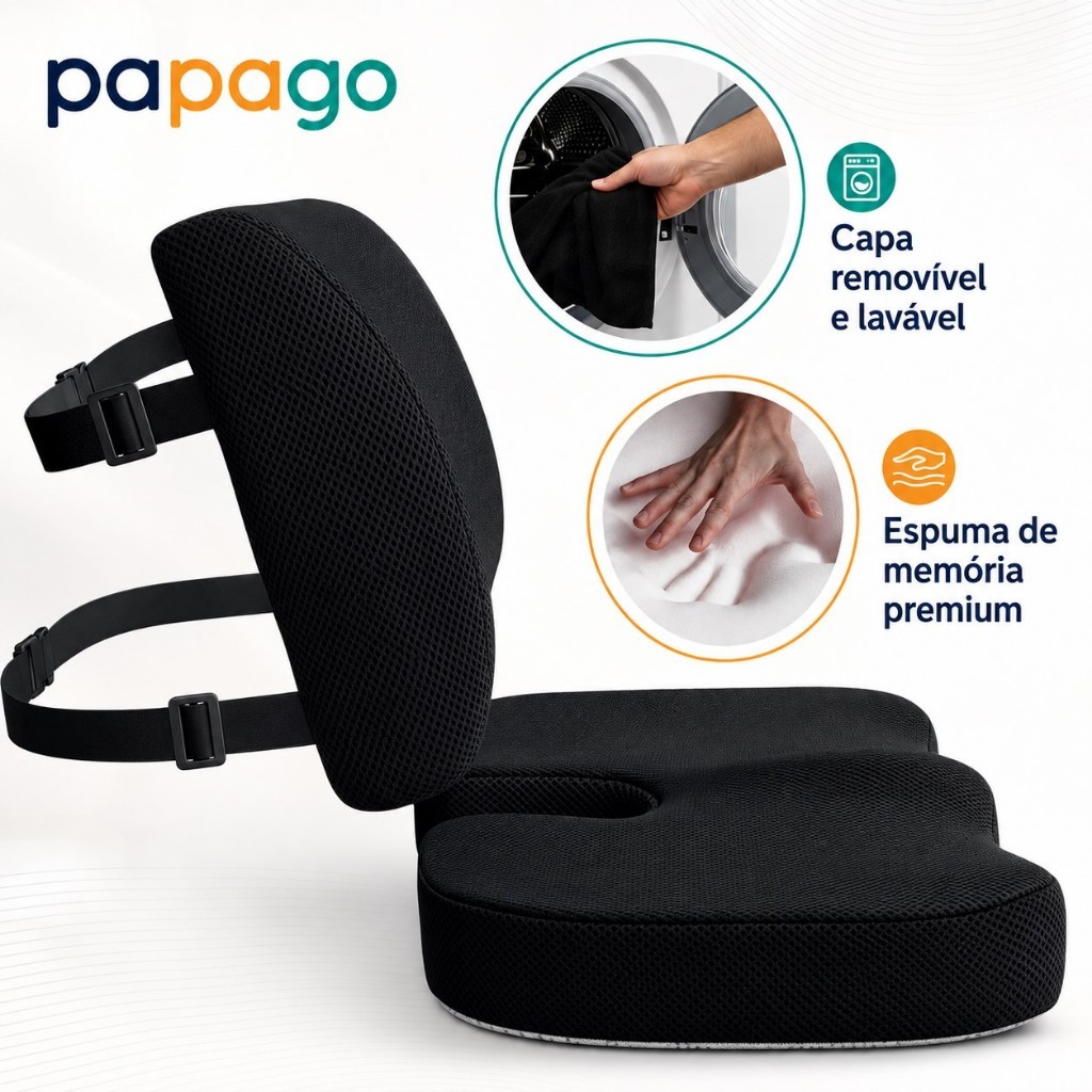 Kit Almofada Ergonômica Assento + Apoio Lombar Memory Foam Antiderrapante Capa Lavável para Cadeira
