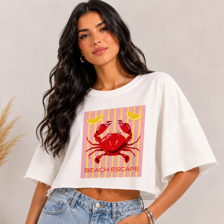 Cropped Oversized Feminino Beach Escape 100% Algodão Estampado