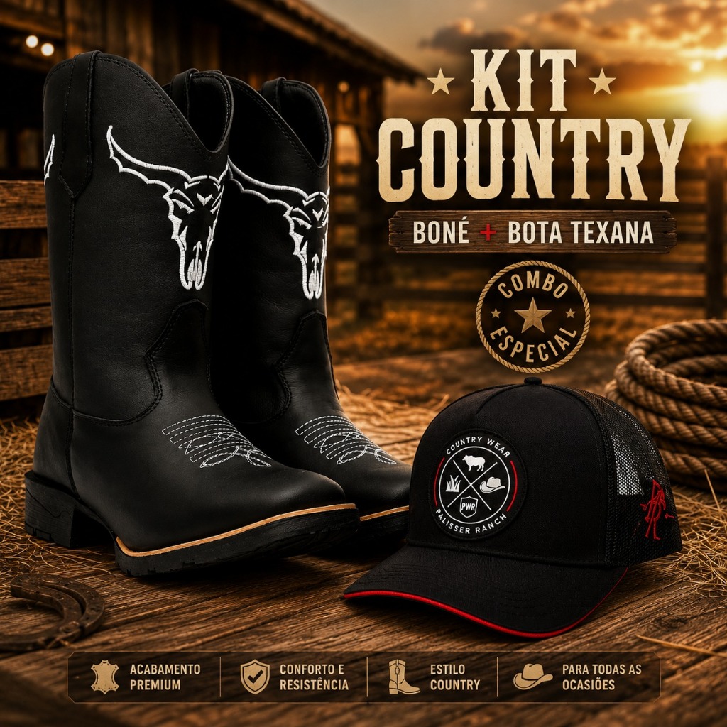 Kit Cowboy Bota Texana Masculina + Boné Country Redinha Trucker Estilo Western Rodeio Cavalgada Fazenda e Festa