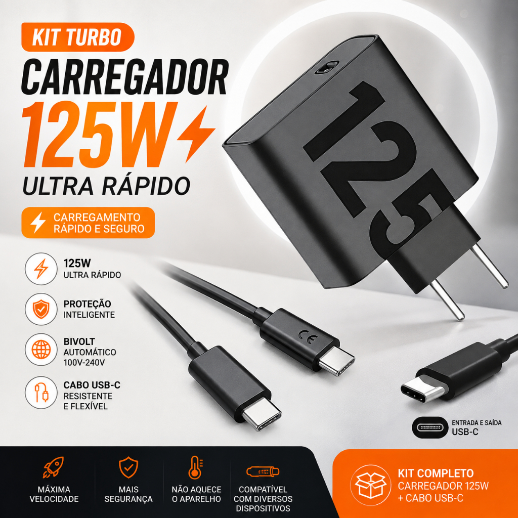 {ORIGINAL} KIT Carregador Super Turbo 125W E 68W CABO + FONTE Duo USB-C Celular Android