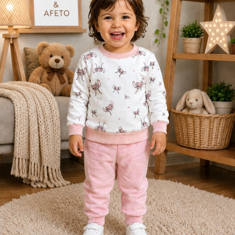 Conjunto Infantil Menina Moletom Peluciado Stitch Inverno Agasalho Estampado Calça Rosa Edição Limitada