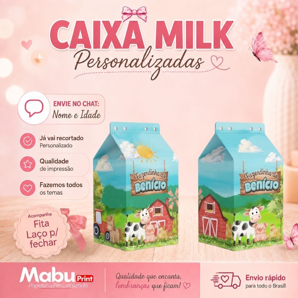 Kit Caixinhas Milk Personalizada Com Nome Tema FAZENDINHA Personalizada Lembrancinhas de Festa - Caixa Milk