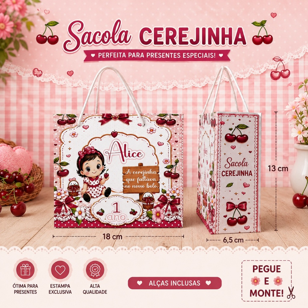 Kit Sacola Cerejinha  Personalizado com Alça 10 20 ou 30 Unidades Lembrancinha Festa Infantil Monte em Casa
