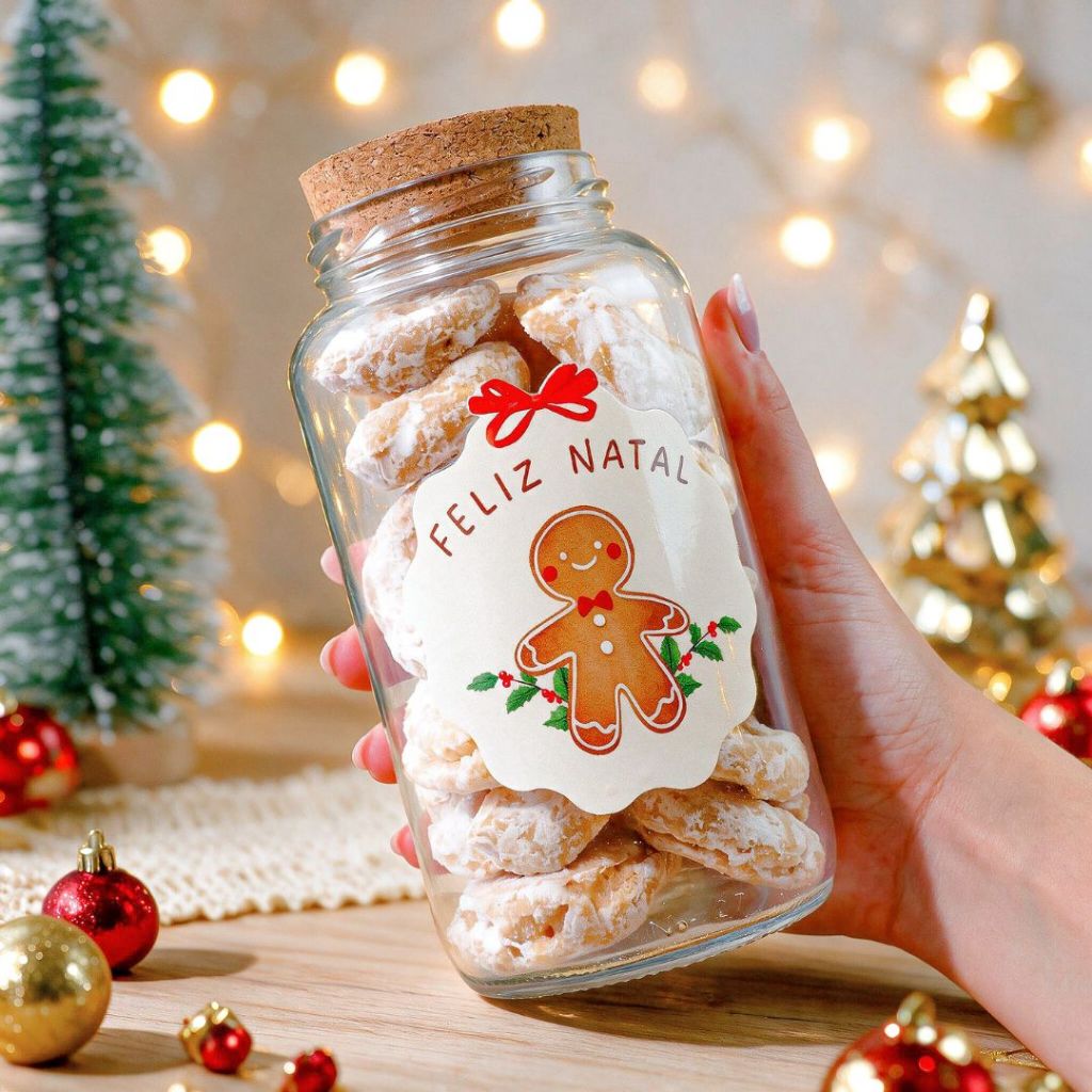 Potes de Vidro Natalinos 810ml | Lembrancinha, Presente de Natal, Biscoitos com Tampa Rolha + Adesivo