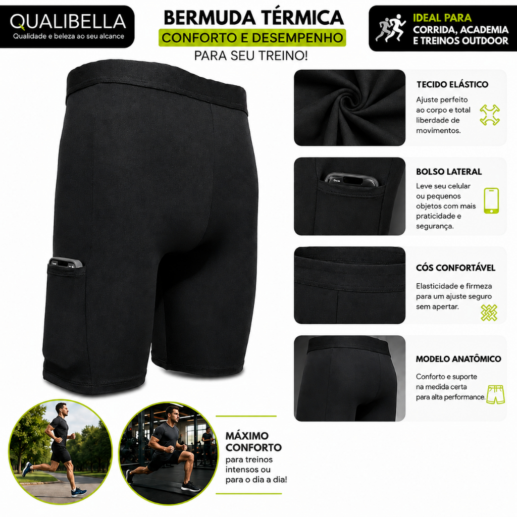 Bermuda Térmica Masculina Esportiva Compressão com Bolso, Proteção UV, Tecido Elástico para Academia, Corrida, Futebol