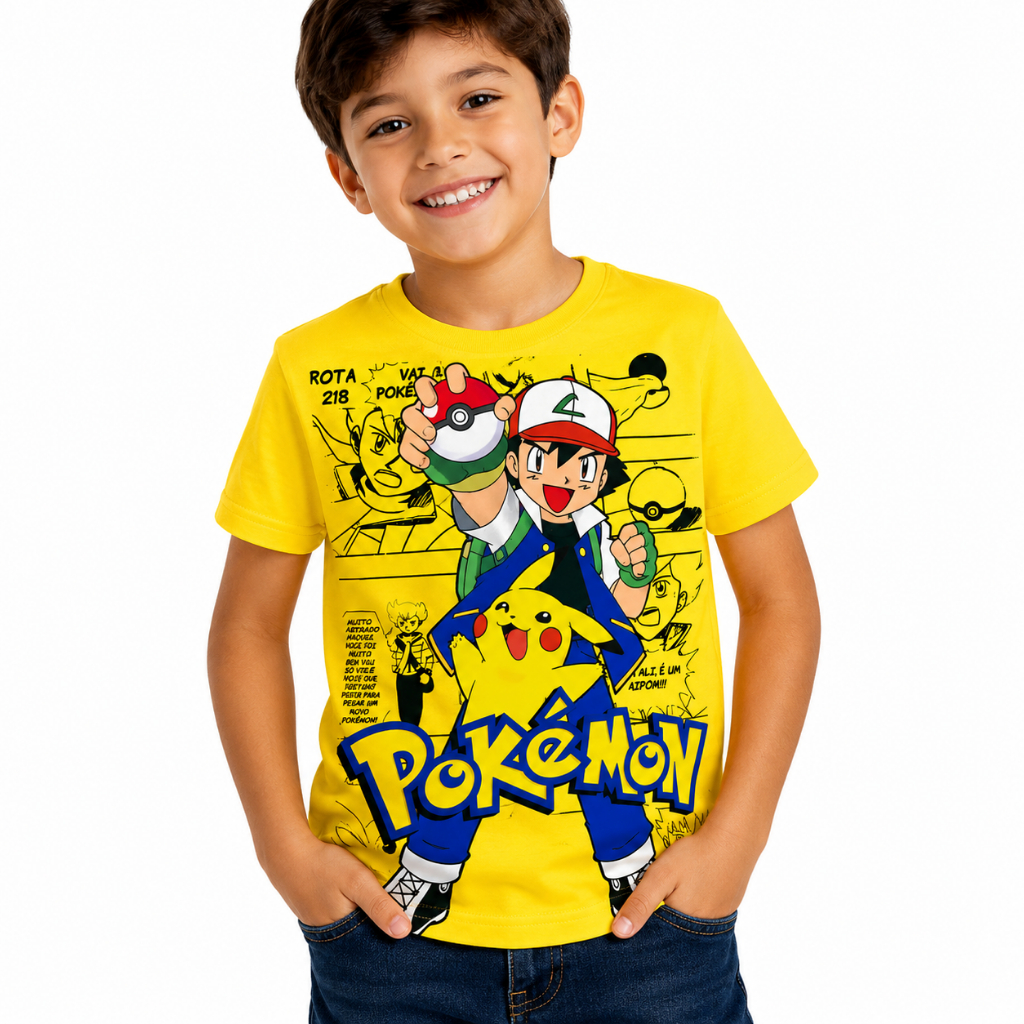 Camiseta Infantil Pokémon Pikachu Manga Curta 100% Algodão Menino Personagens