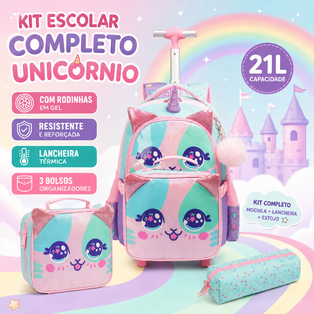 Kit Mochila Lancheira Estojo Escolar Unicornio Infantil Rodinha Rosa Lequeen