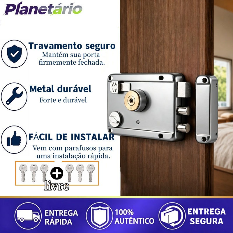 Fechadura de sobrepor manual com trava Dupla para portão externo 6 chaves tetra prata fosca