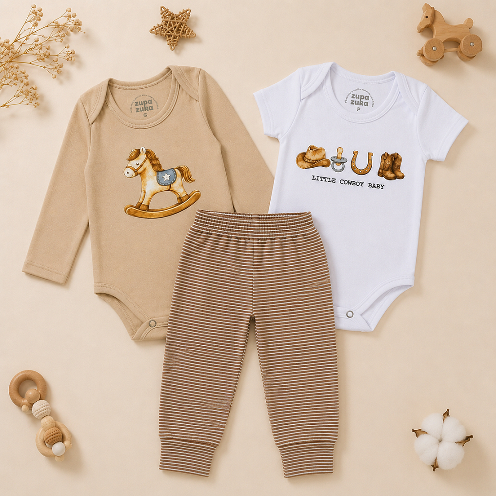 Kit Body Bebê 3 peças Mini Cowboy, Body Manga Longa, Body Manga Curta e Calça Roupas de Bebê Conjunto de Bebê Cavalinho
