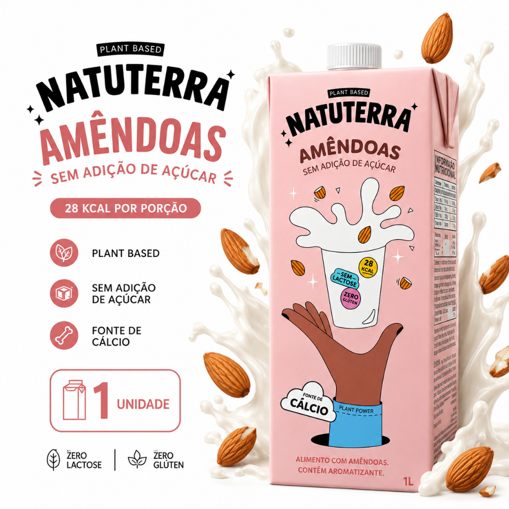 Leite Vegetal de Amêndoas Natuterra 1L |Bebida sem adição de açúcar, sem lactose, sem glúten