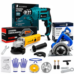 Kit 3 em 1 Ferramentas 1350W Esmerilhadeira, Furadeira e Serra Mármore com Maleta Profissional