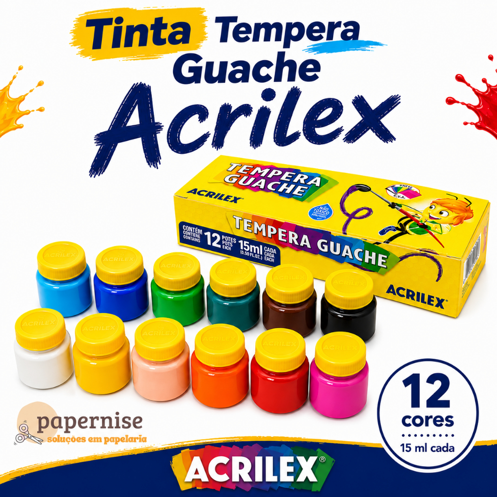 Tinta Tempera Guache Acrilex 6 e 12 Cores Artesanato Escola Pintura Arte Não Tóxico