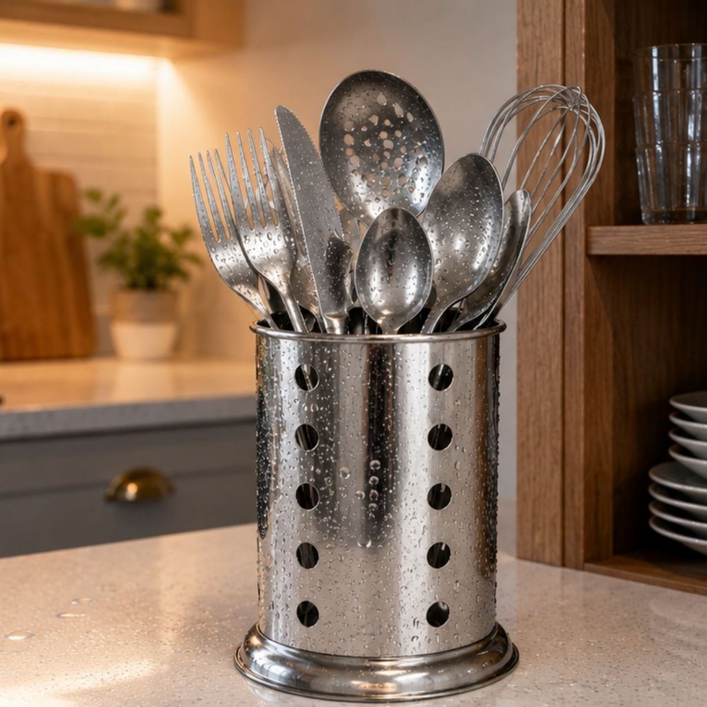 Porta Talher Inox Escorredor Vazado Garfo Colher Utensílio Cozinha Aço Inox Escorredor De Pia Duhome
