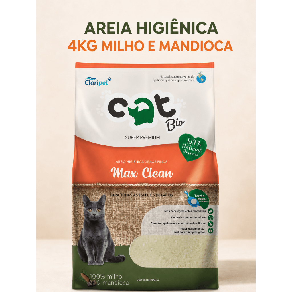 Areia Gato CatBio Mandioca Milho Biodegradável Natural Gatos Grãos Finos 4KG