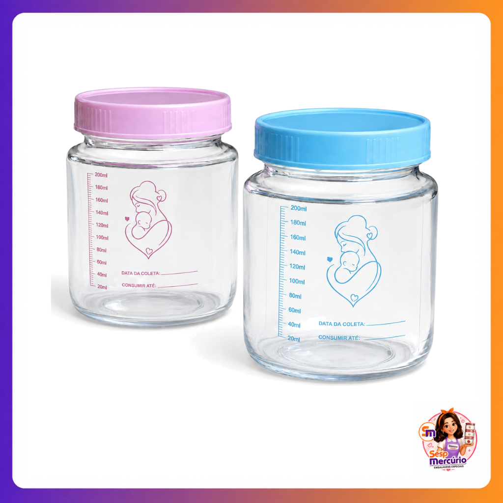 Kit 6/12 Potes De Vidro Graduação 200ml Tampas Plasticas BPA Free Armazenamento de Leite Materno