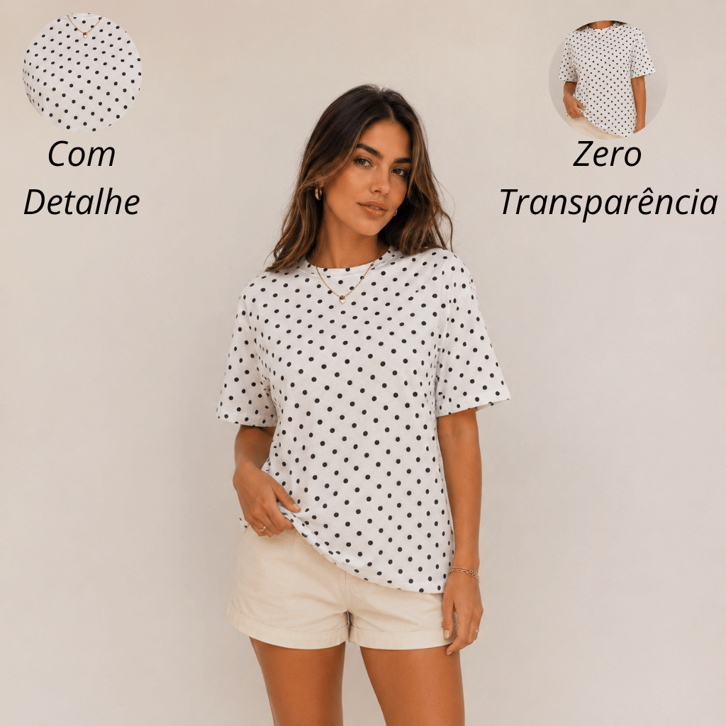 Blusa Feminina Moda Feminina Viscolycra Poá Manga Curta Confortável Moderna Leve Básica Versátil Bolinhas — imagem 2 de 2