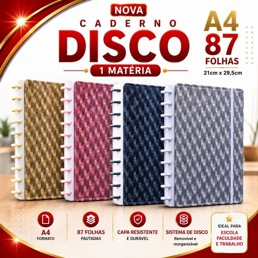 Caderno Disco Capa Dura Caderno Inteligente Com Elastico A4 Com Divisoria Etiqueta 87 Folhas