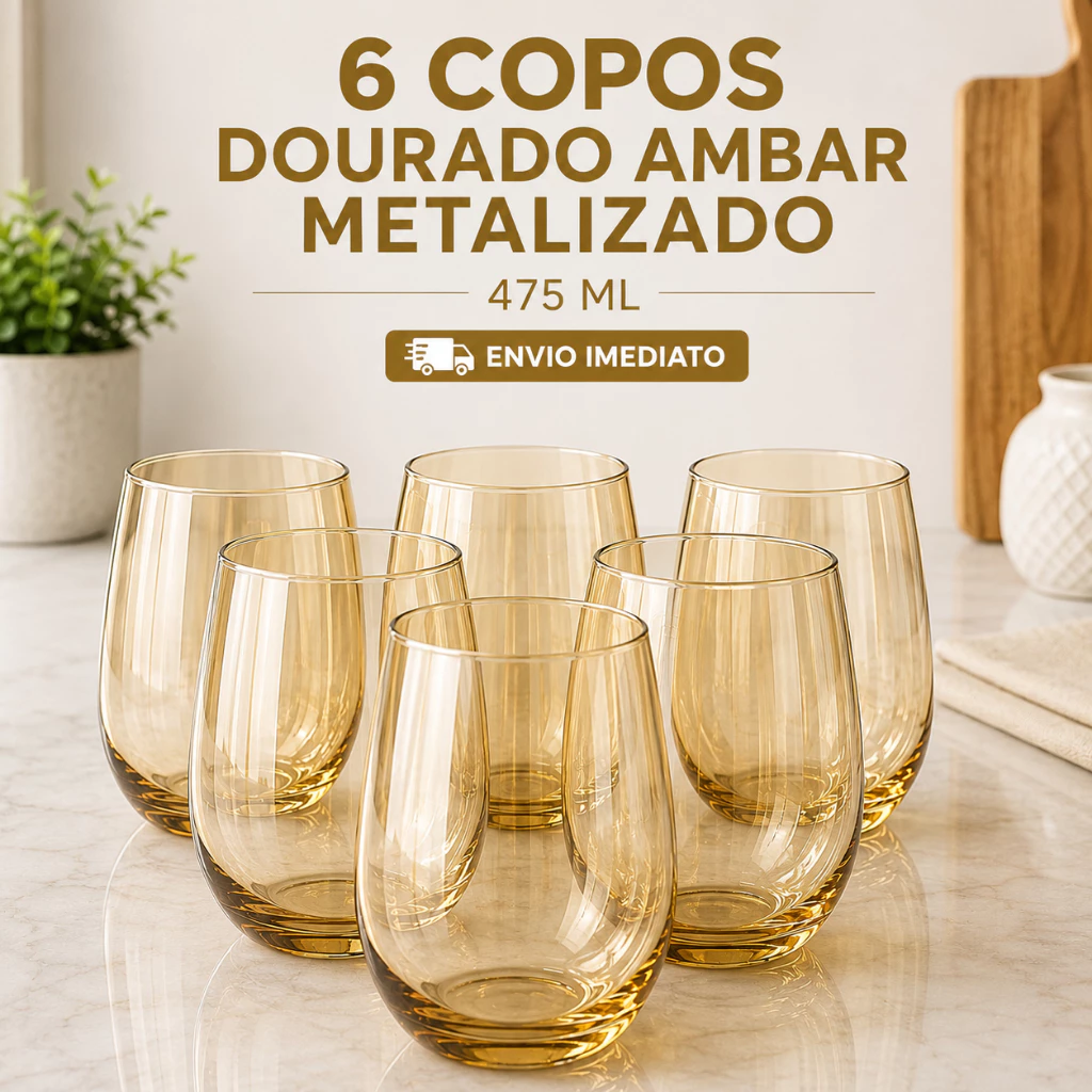 Jogo 12/6/4 Copos Vidro Dourado Metalizado Luxo 475ml - Resistente Aruba — imagem 1