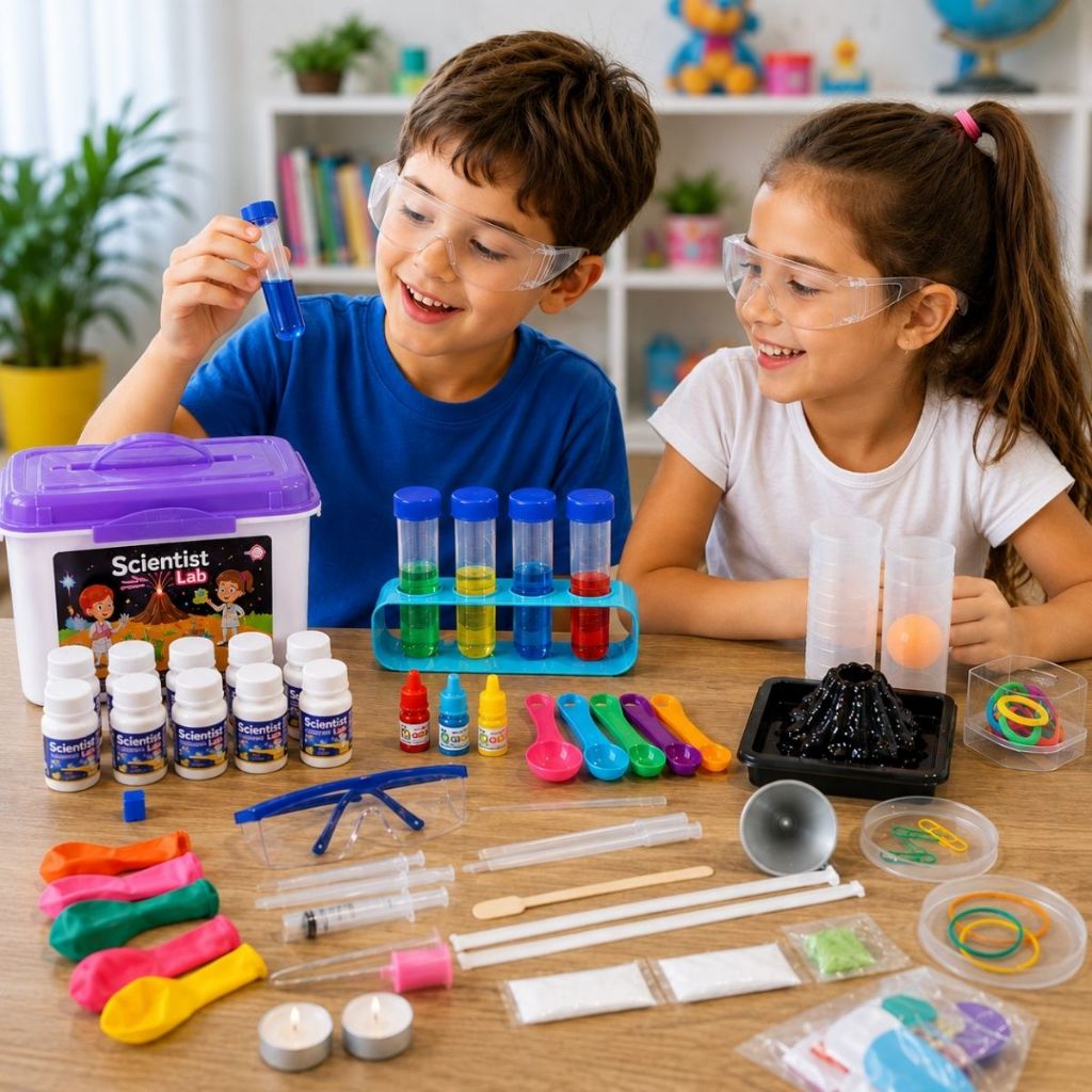 Kit Experimentos Científicos Infantil Laboratório de Ciências Brinquedos Educativo Manual do Mundo 80 Experimentos