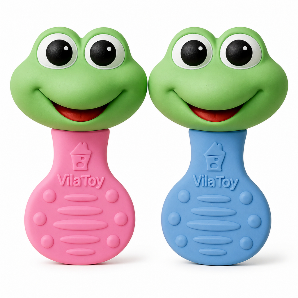 Chocalho Mordedor Bebê Sapinho Macio Vila Toy Sensorial Massageia Gengiva Dentição Sem Ftalato 13cm INMETRO