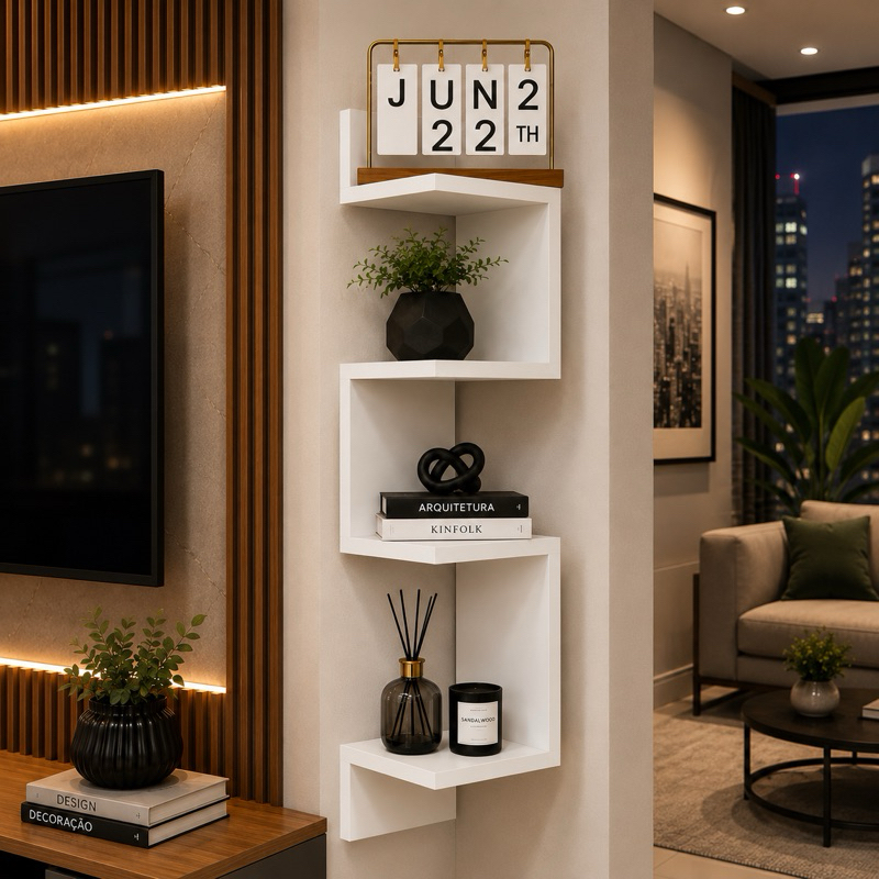 Estante Moderna de Canto em MDF Branco Prateleira De Canto Reto Branca Mdf ou Mdp Estante Multiuso Livros Nicho Casa
