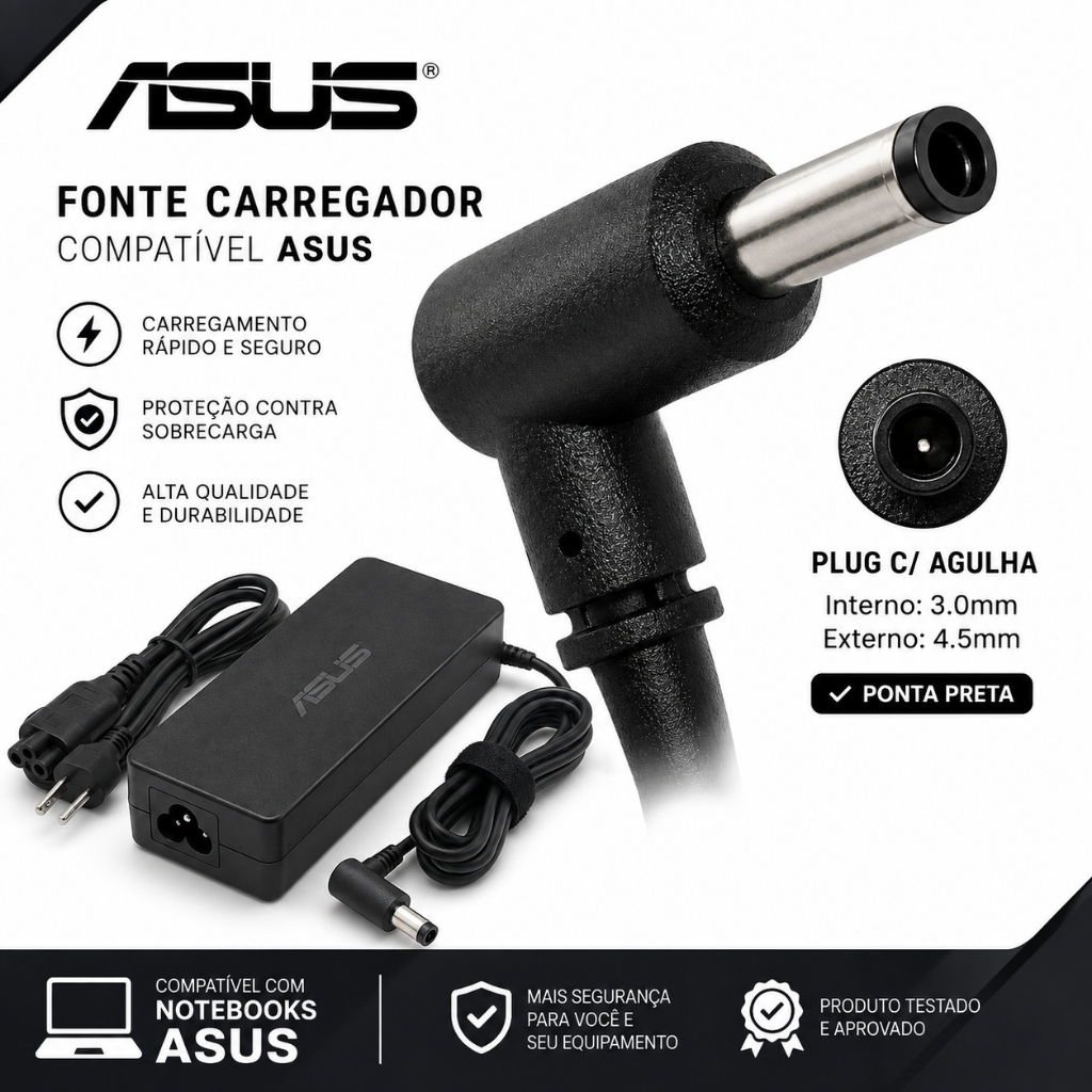 Carregador Notebook Asus Original Compatível 19V 3.42A 65W Pino Fino 4.5x3.0mm VivoBook ZenBook X515 X543 X510 X512