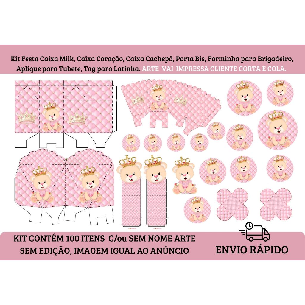 Kit 100 Itens Ursinha Princesa rosa Personalizada Caixinha Lembrancinha para festa