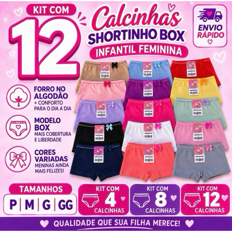 Kit 12 Calcinhas Boxer Infantil Feminina e Kit 4 e 8 Calcinhas Confortável Menina Tamanhos Variados