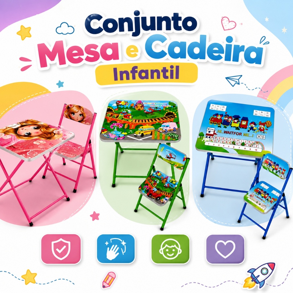 Mesa e Cadeira Infantil Dobrável para Estudo e Desenho Criança Quarto