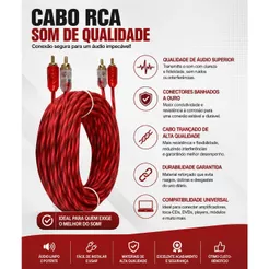Kit 10 Cabos RCA 5 Metros Injetado – Cabo Áudio Som Automotivo