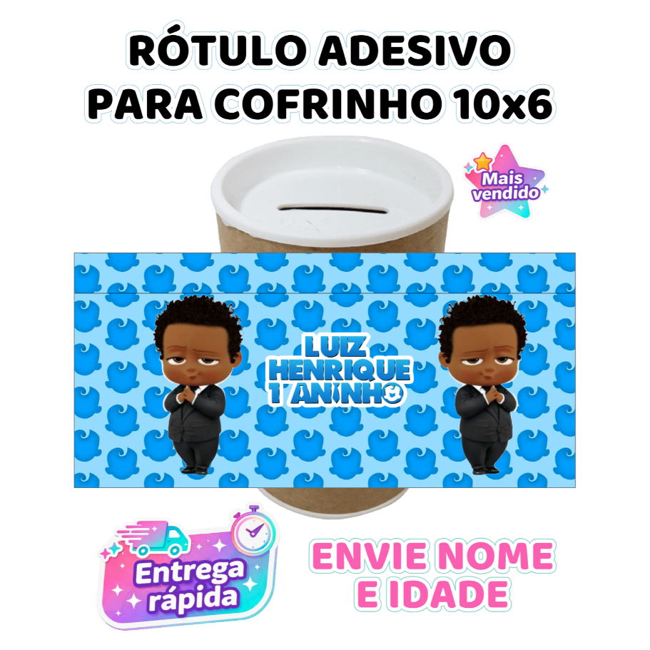 Rótulo Adesivo Cofrinho Personalizado Poderoso Chefinho Negro 10x6 Festa Infantil Lembrancinha