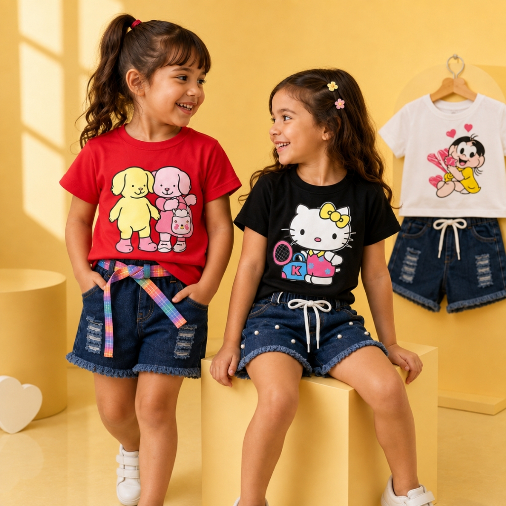 Conjunto Variados Infantil Verão Feminino Sortido Short Jeans Conjunto Infantil Feminino Personagens