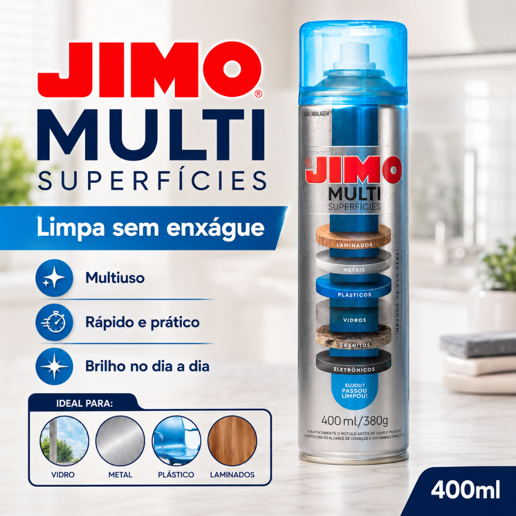 Jimo Multi Superfícies 400ml Limpador Multiuso Spray Aerossol Vidros Inox Metais Plásticos Eletrônicos Sem Enxágue