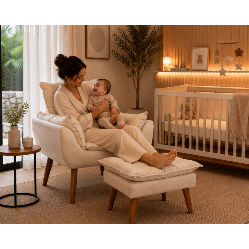 Kit poltrona mais puff amamentação da mamãe pés palito suede bege